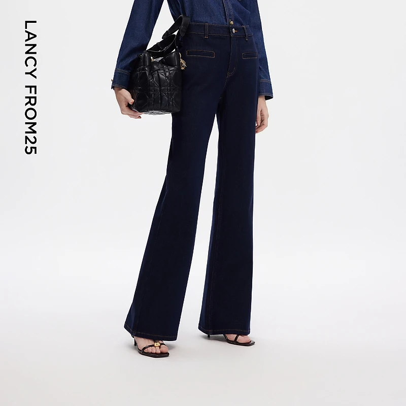 朗姿设计感微喇叭休闲裤子直筒高级感高腰气质百搭冬季新款牛仔裤