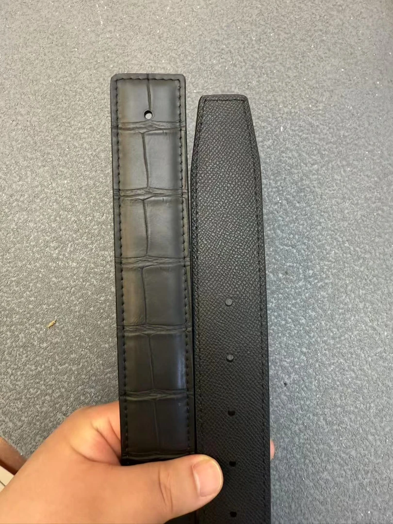 （单腰带）3.8宽平头黑色鳄鱼皮单面腰带礼盒装-建