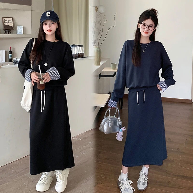 2025秋装新款胖mm大码女运动风喇叭袖卫衣半身裙套装33110