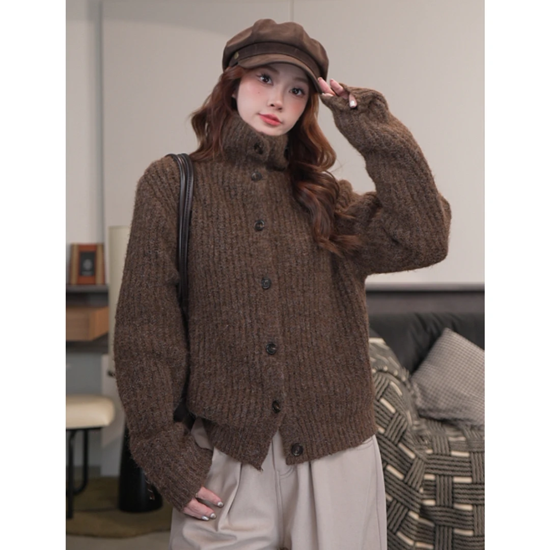 秋冬550G翻领加厚毛衣女气质时尚复古宽松慵懒风百搭针织上衣