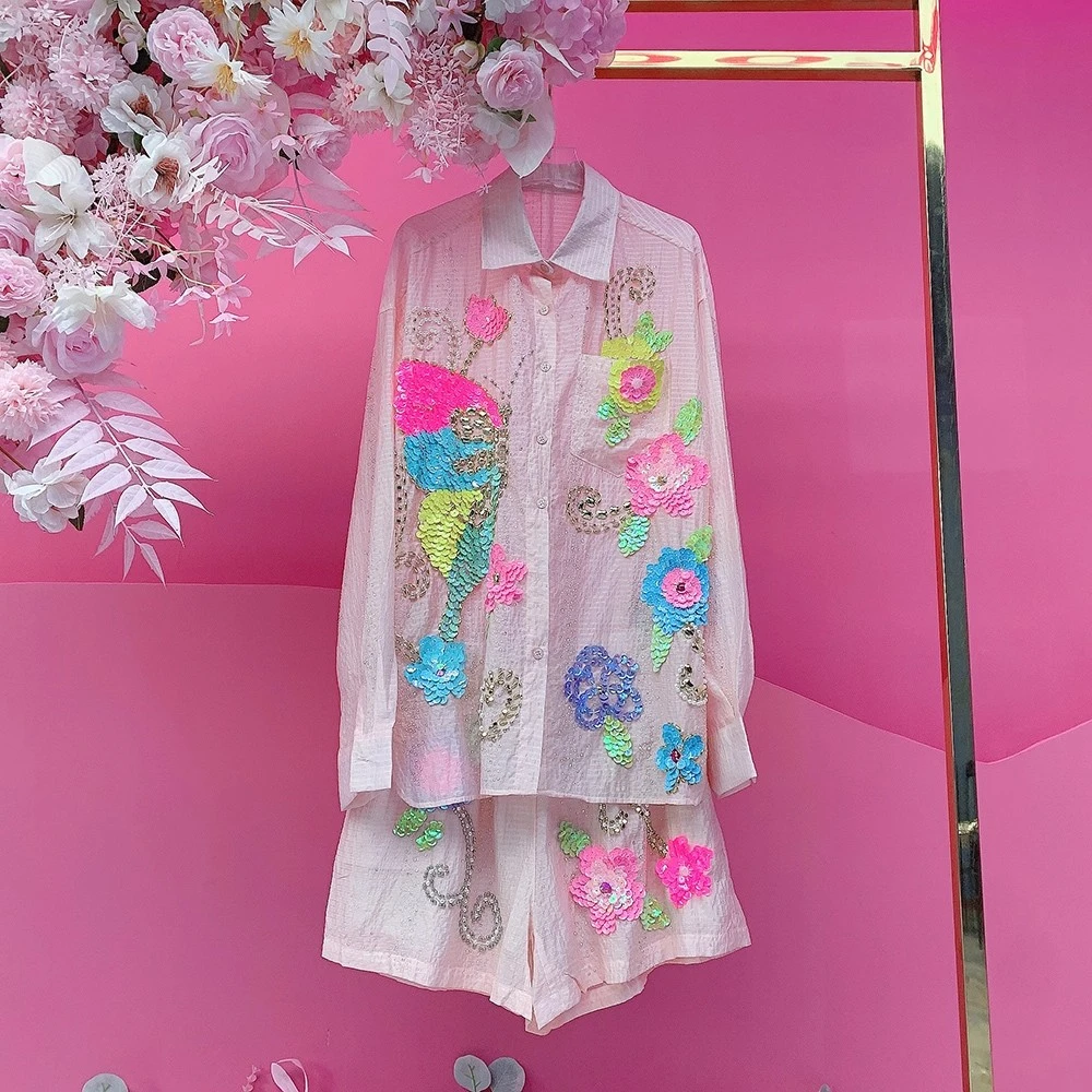 A2635欧美设计师2025秋季新款重工钉钻刺绣亮片花朵时尚短裤套装