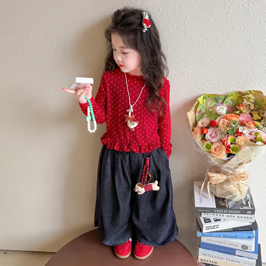 女童秋款套装2025年潮款洋气波点卫衣女宝宝秋装韩版牛仔裤两件套