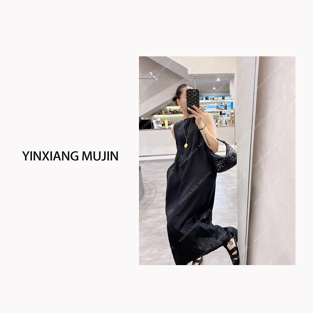 【YINXIANG MUJIN】亚麻廓形长裙 夏季后开叉简约气质连衣裙女套头