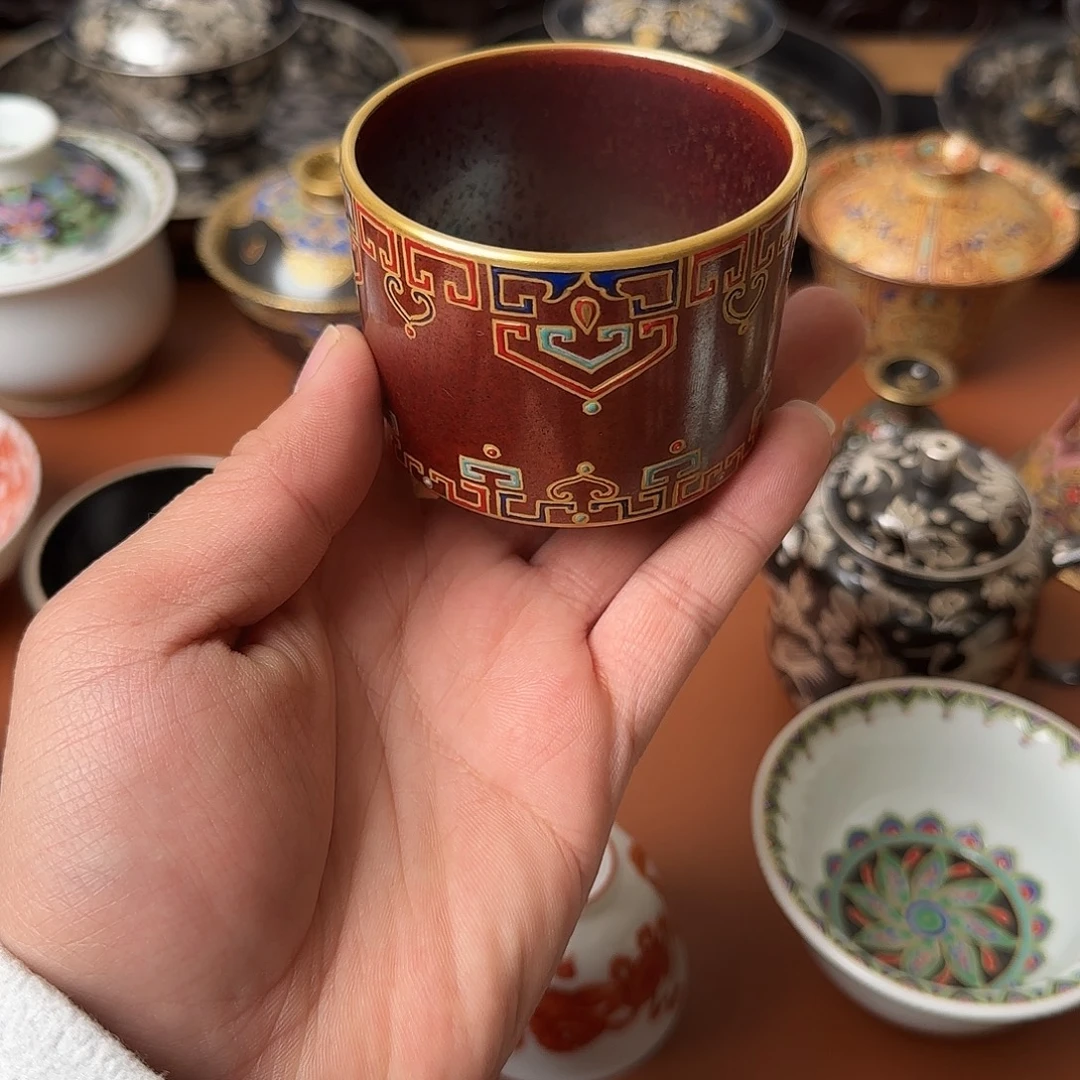 陶景德镇姝苓阁珐琅彩错金银兽面纹杯