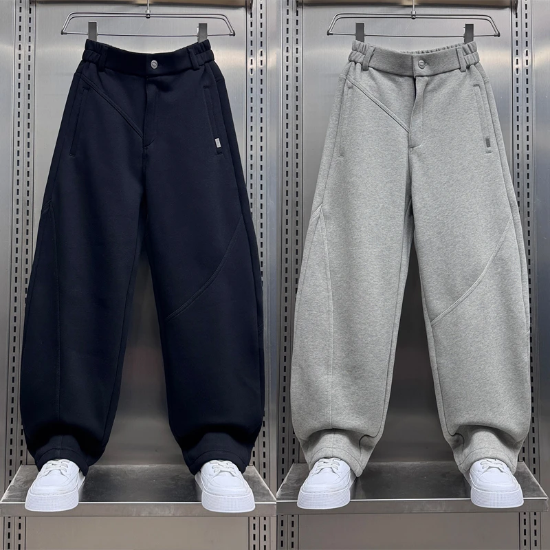 2025秋冬新款加绒加厚弯刀休闲卫裤男士宽松直筒青少年痞帅阔腿裤