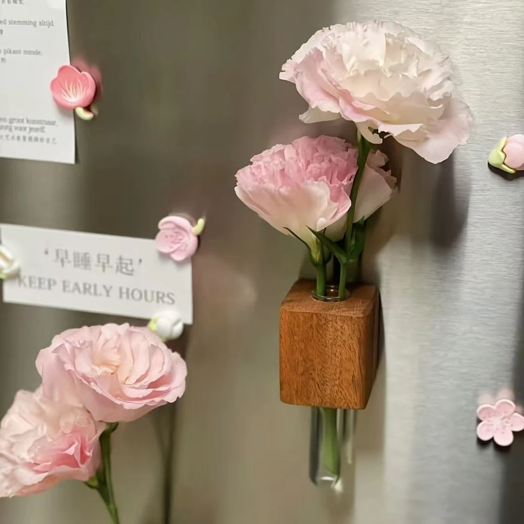 冰箱贴花瓶实木插花器花朵磁吸可以养花的鲜花花束一枝花磁贴试管