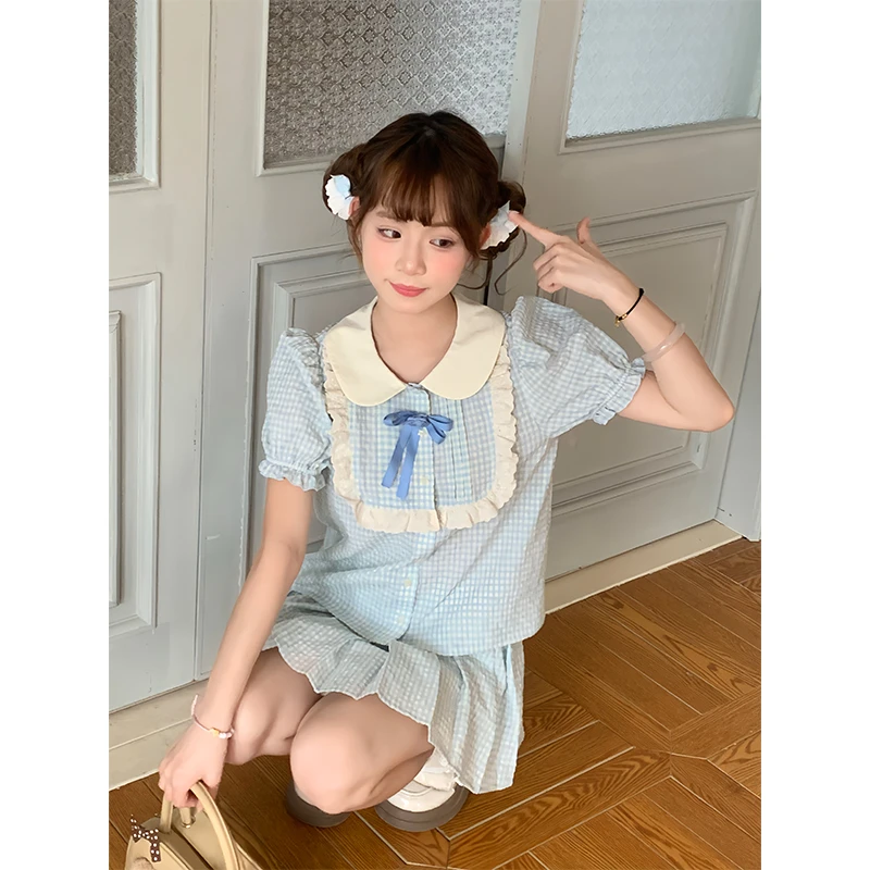 蜜格方糖 sinsingirl 蓝格子套装 短袖上衣半身裙 singsong裙子