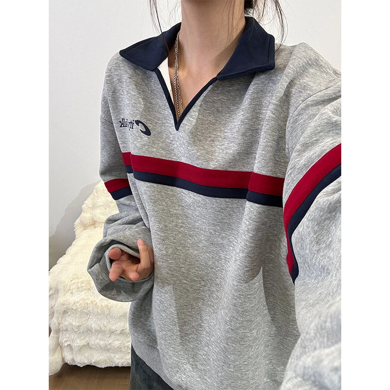 美式复古V领半开卫衣男款秋季条纹撞色运动长袖T恤潮牌翻领Polo衫