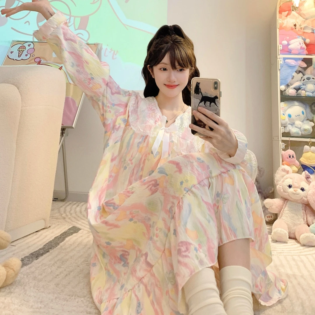 2025新款春季长裙青年长袖彩色少女睡衣宽松V领蕾丝甜美家居服