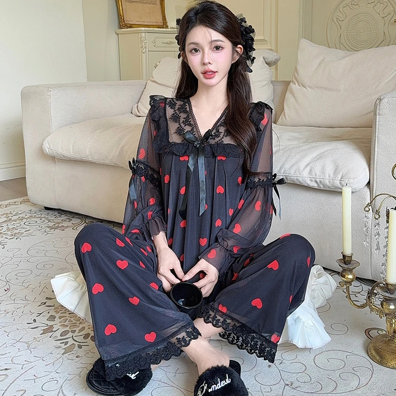 夏季睡衣女2025新款带胸垫网纱蕾丝纯欲风轻奢春秋冬季爆款家居服