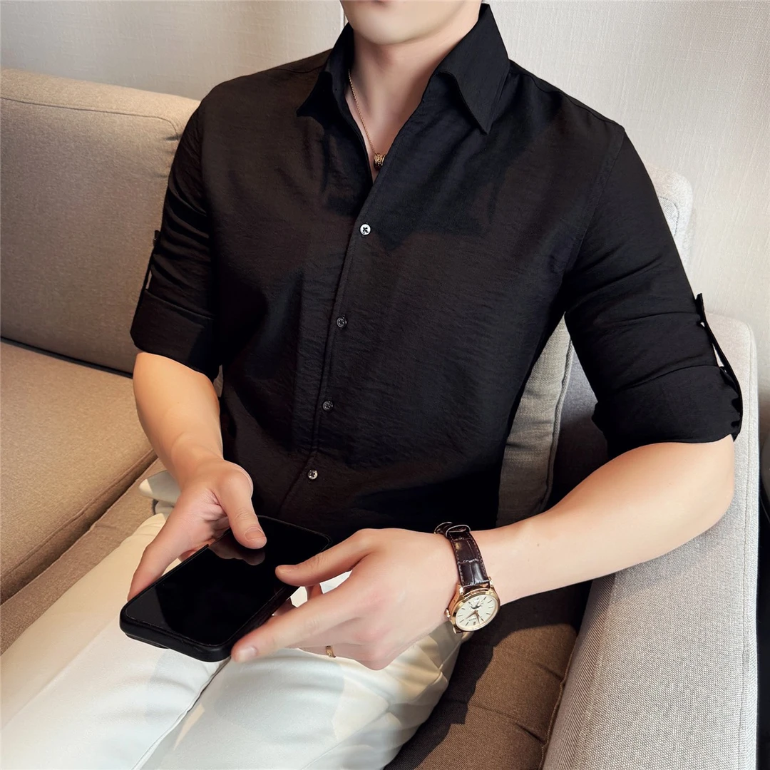 商务休闲纯色长袖男士薄款衬衣高级感正装英伦时尚潮流衬衫男修身