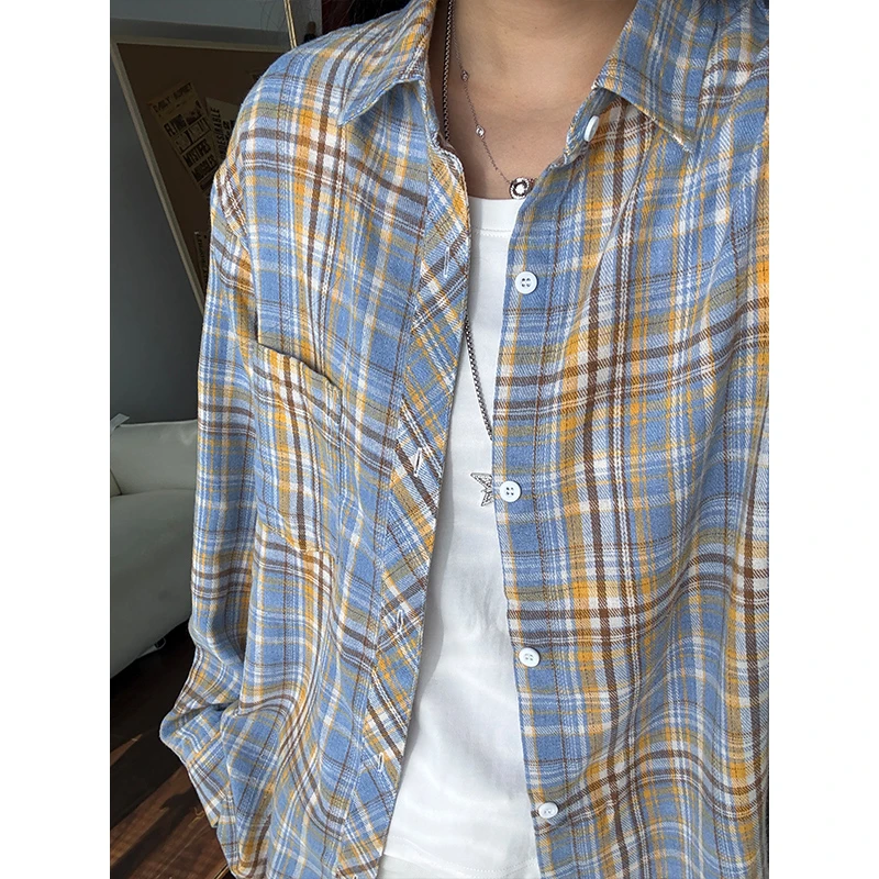美式休闲黄蓝格子衬衫男女高级感格纹衬衣长袖百搭情侣港风外套潮