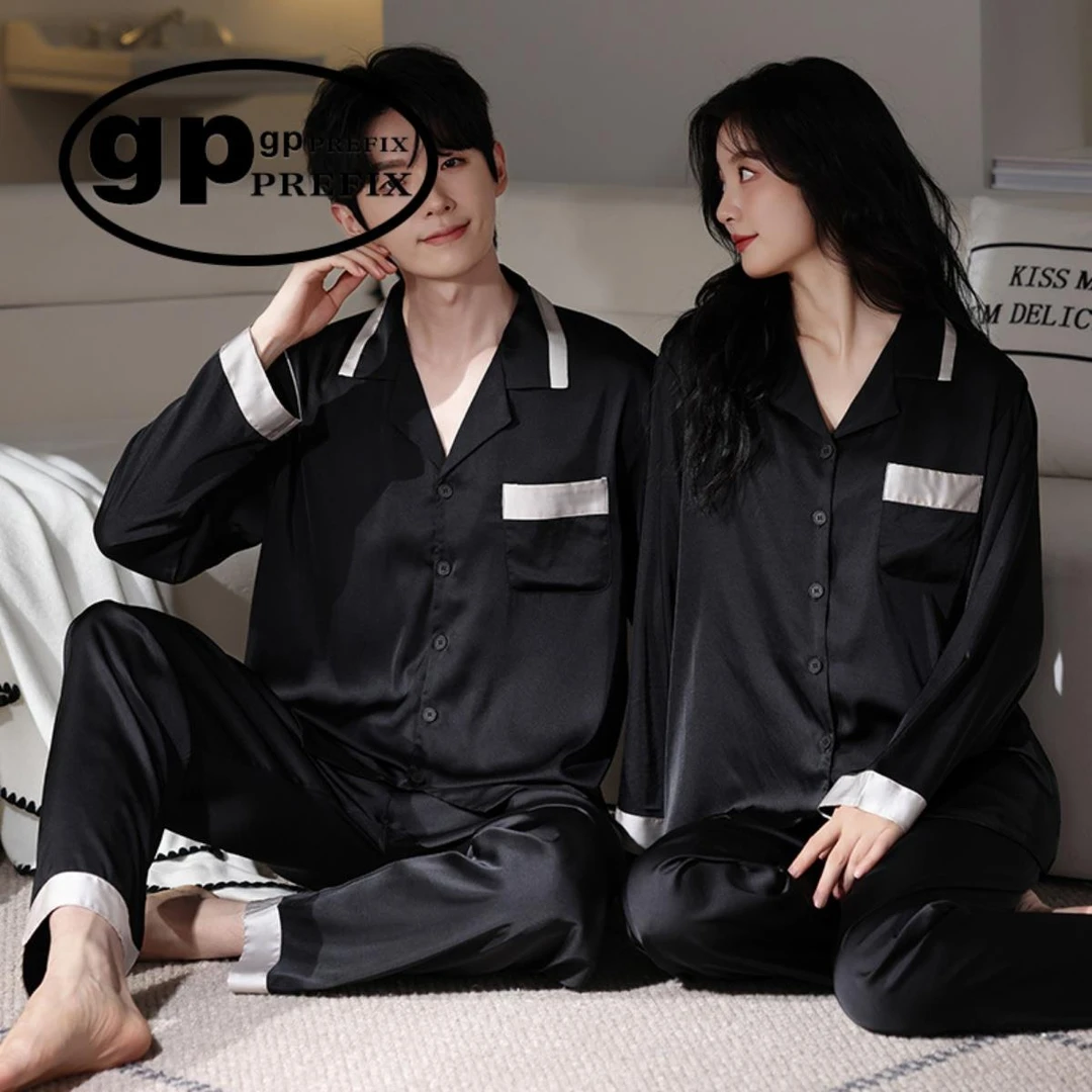 日本小众GP情侣睡衣女春秋夏季冰丝长袖黑色高级感男士家居服套装