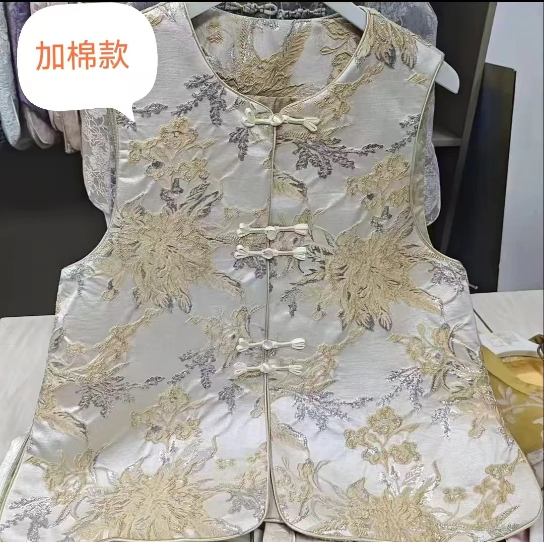 加绒加棉国风复古提花马甲女外穿坎肩马夹冬季新款休闲