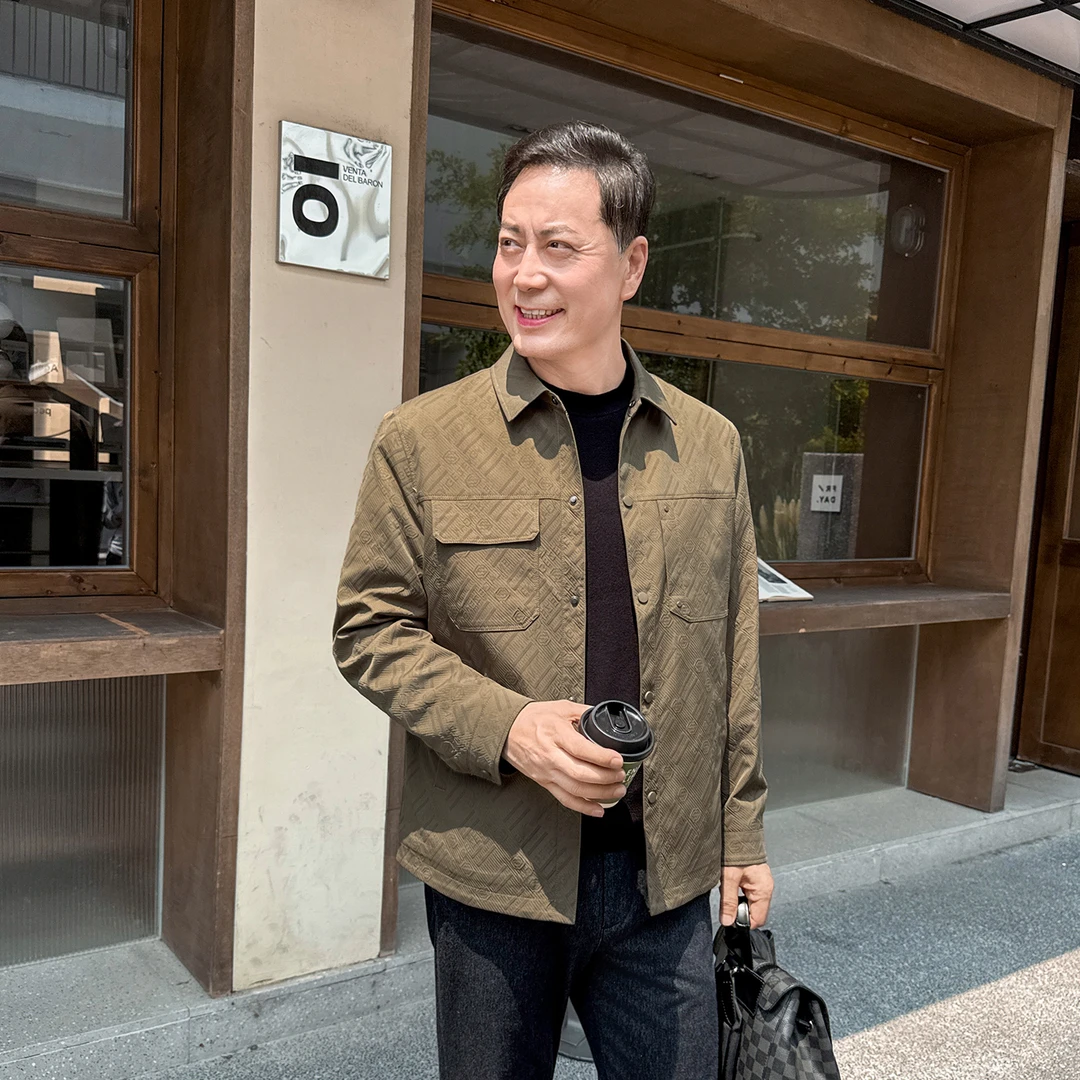 中老年男士印花夹克秋季爸爸加绒加厚商务休闲翻领中年衬衫版外套