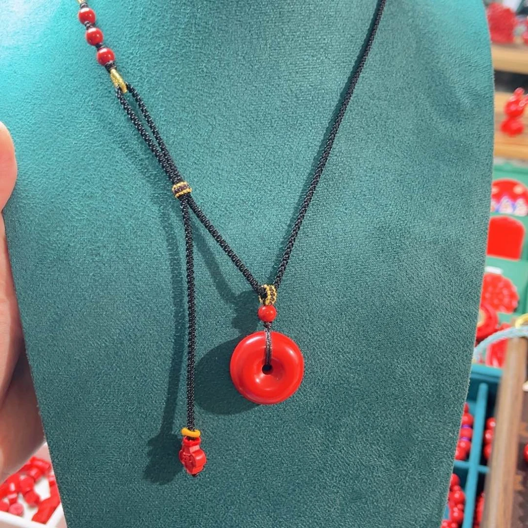 天然辰砂含辰砂工艺品平安扣吊坠毛衣链