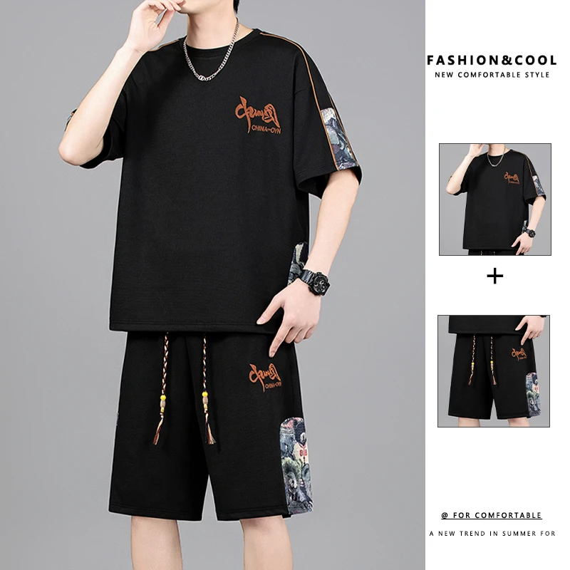 大码运动休闲圆领刺绣短套夏季潮牌宽松大码旅游套装