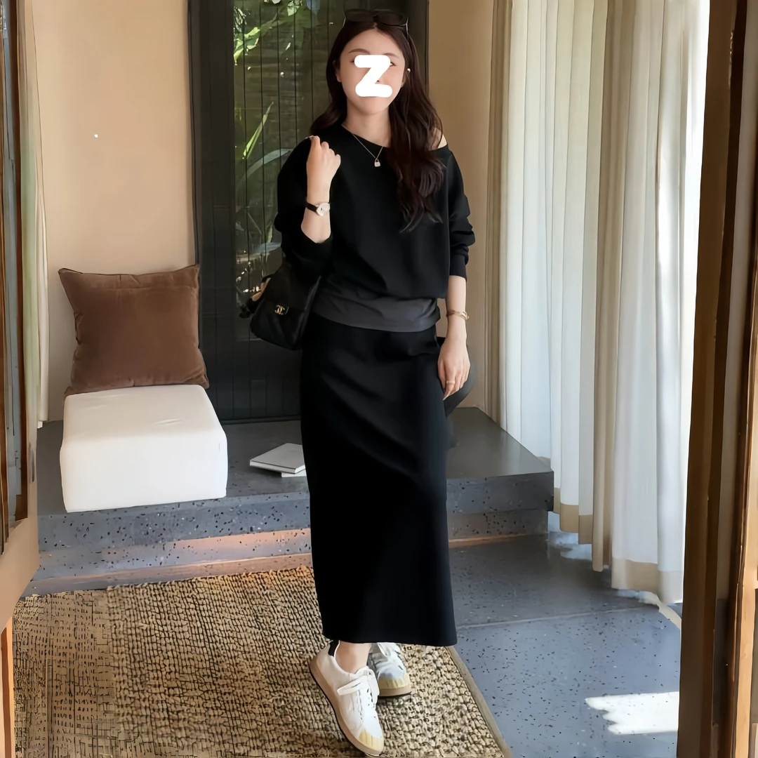 韩系早秋超火穿搭两件套女2025新款假两件露肩上衣半身裙休闲套装