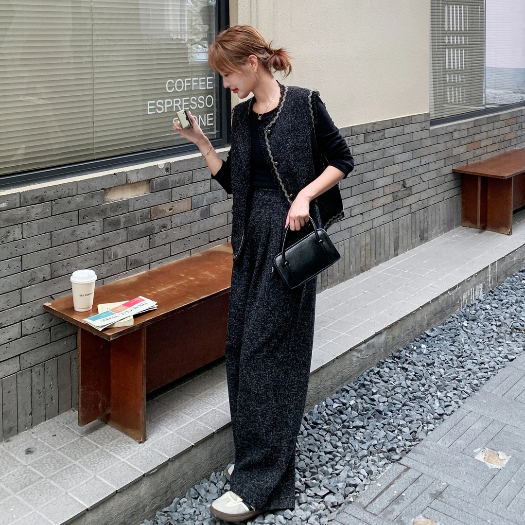 2025秋小香风显瘦轻熟风气质老钱风复古时尚马甲阔腿裤三件套套装