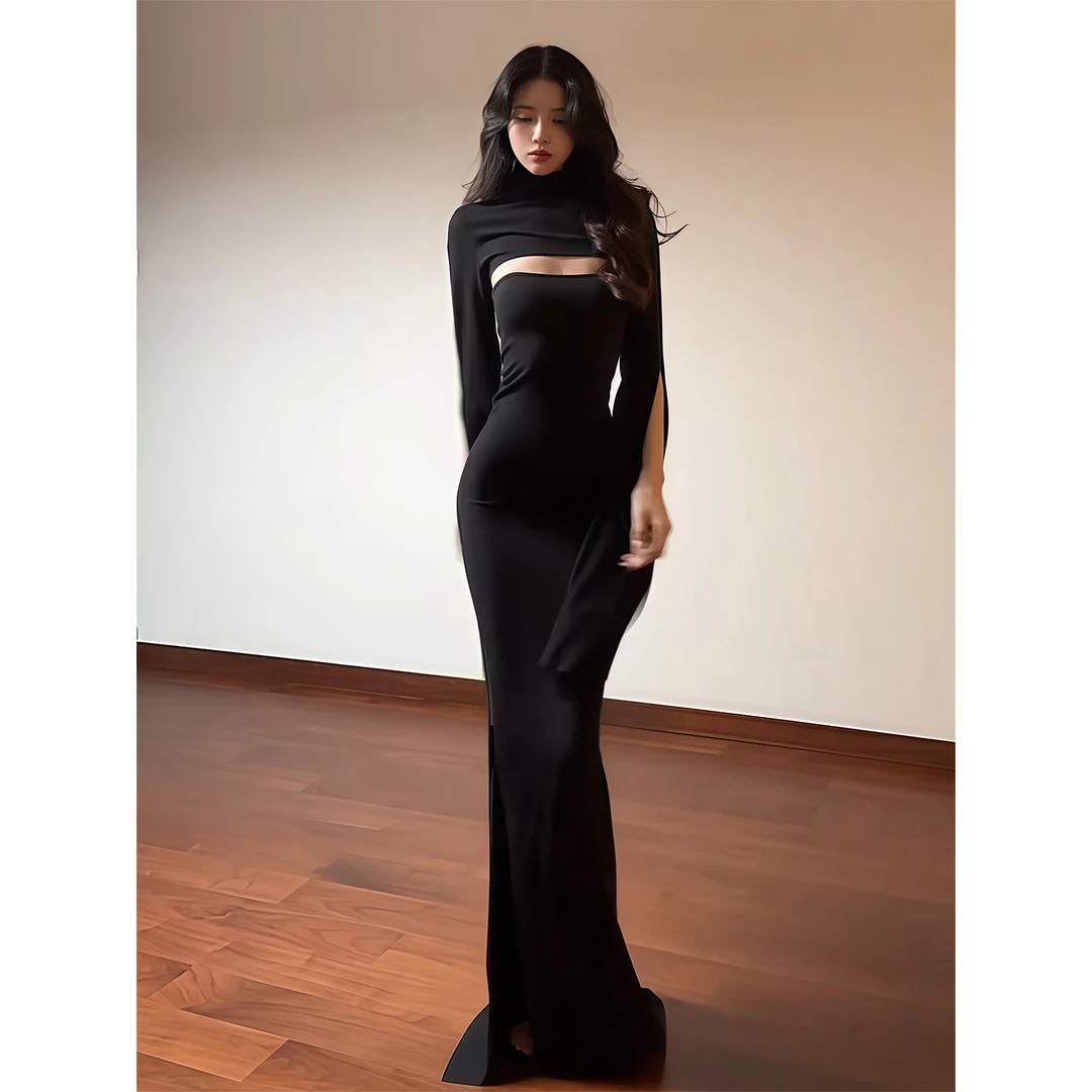 纯欲辣妹风坎肩抹胸长袖连衣裙子女秋季新款气质修身显瘦包臀长裙