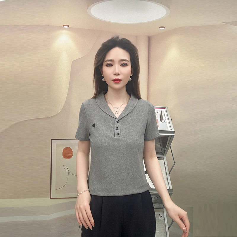 2025夏季翻领短袖女爆款T恤女新款洋气衣服polo衫女装设计感上衣