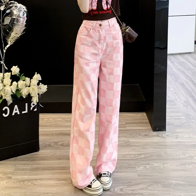 粉色夏季牛仔裤女2025年春装新款高腰宽松多巴胺女款直筒阔腿裤