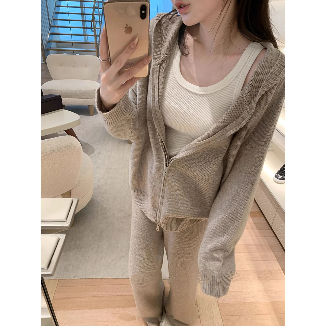 「氧感韩女」针织开衫上衣连帽外套秋季休闲长裤套装