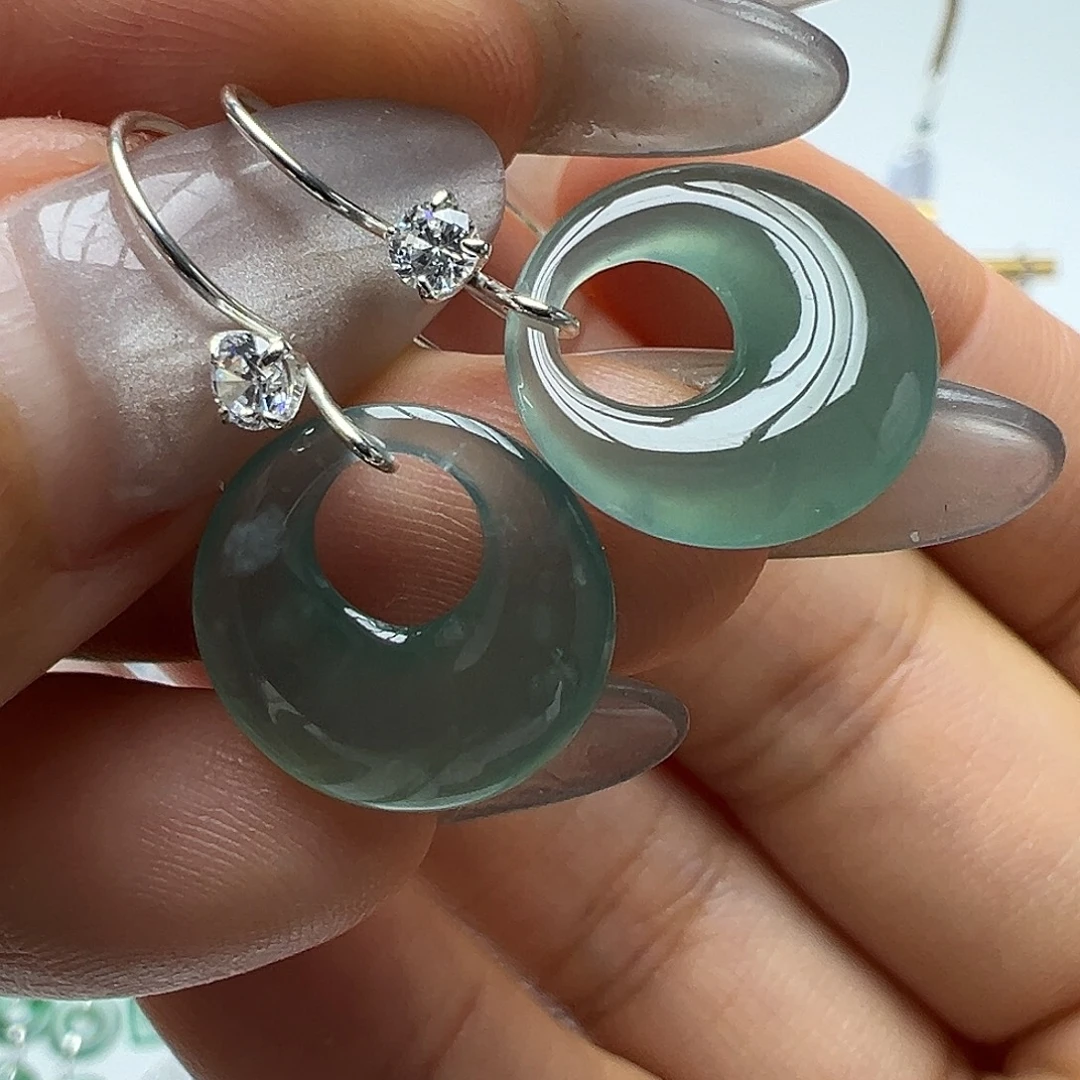 翡翠银S925镶嵌耳饰天然缅甸A货翡翠