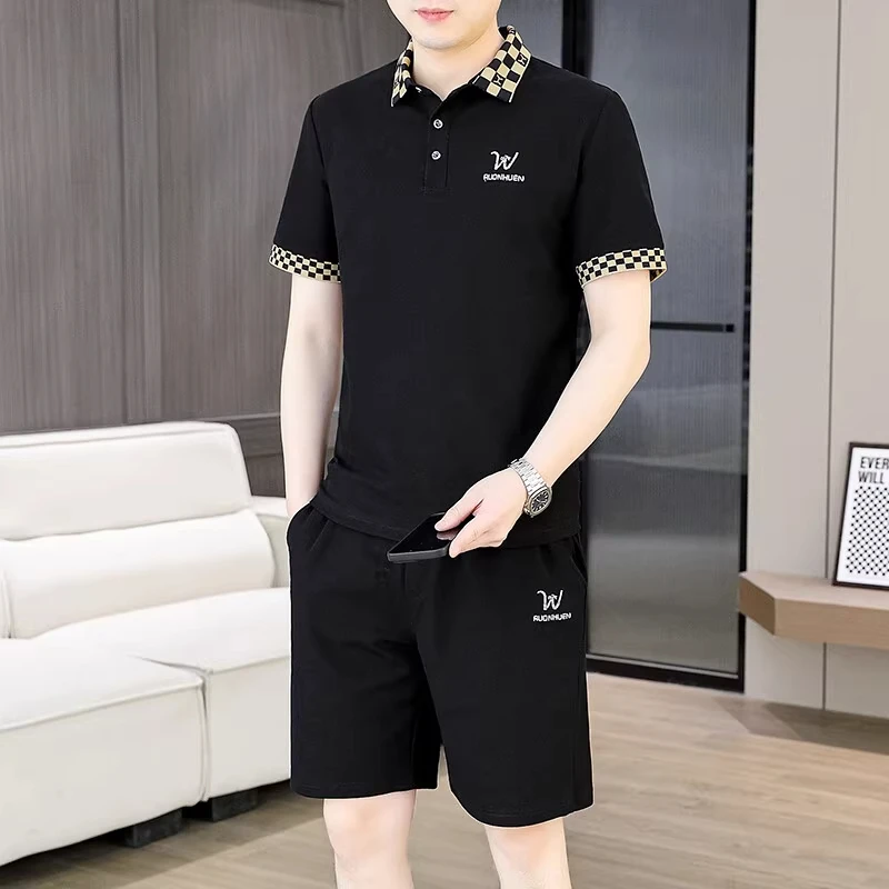 高级感男装翻领时尚刺绣商务休闲POLO衫男宽松冰丝短袖男t桖套装