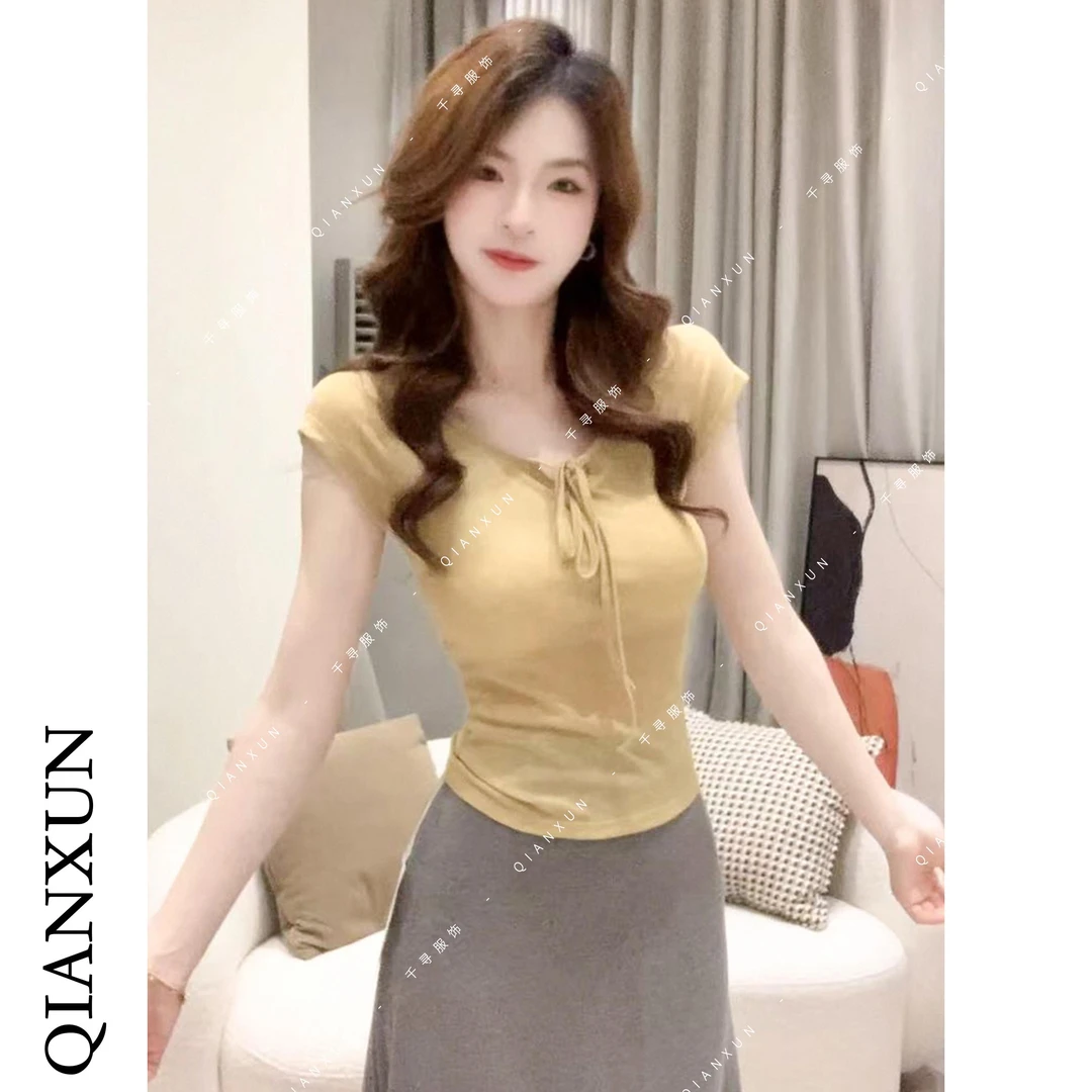 千寻家 甜辣绑带V领短款上衣女夏季新款正肩短袖T恤设计感小众