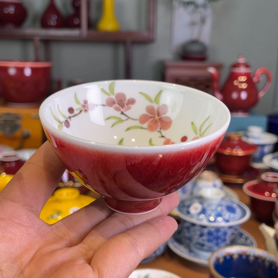 清欢雅玩原矿郎红内绘桃花鸡心杯