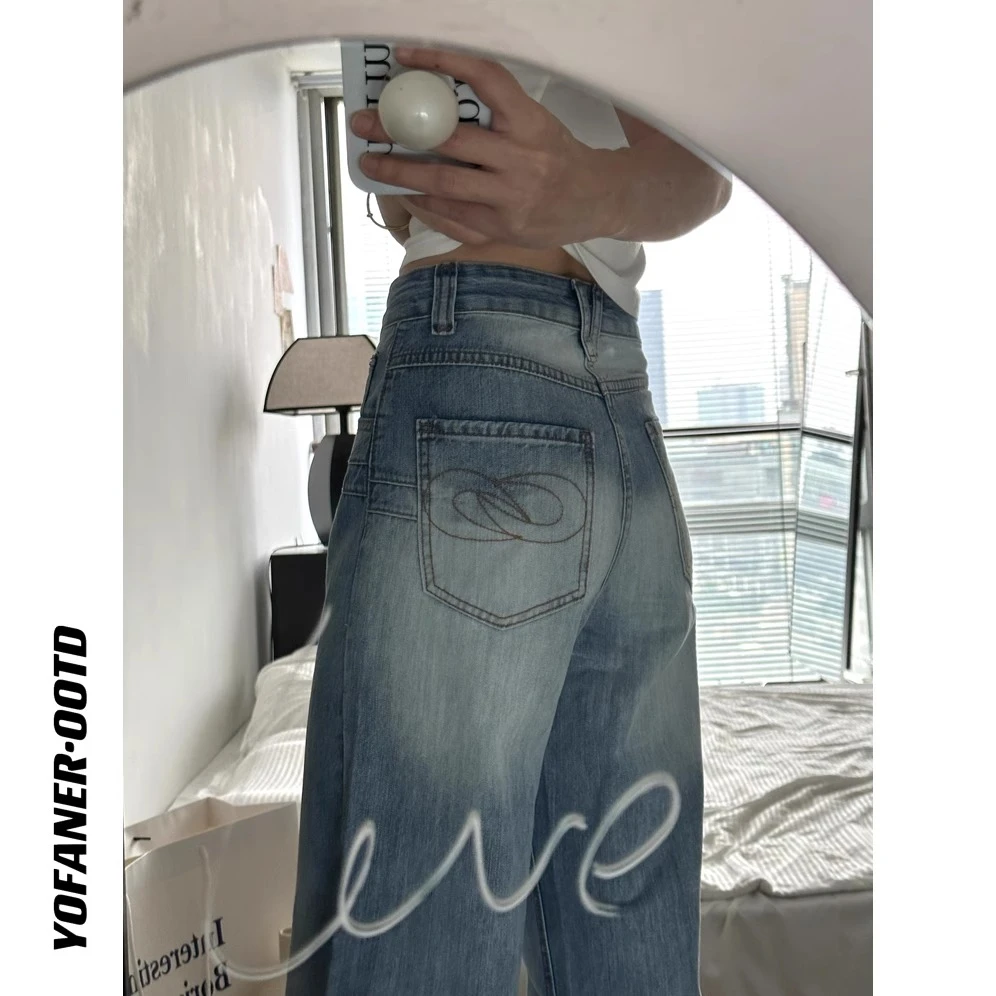 美式复古水洗弹力直筒牛仔裤女2025春夏新款设计感绣花高腰阔腿裤