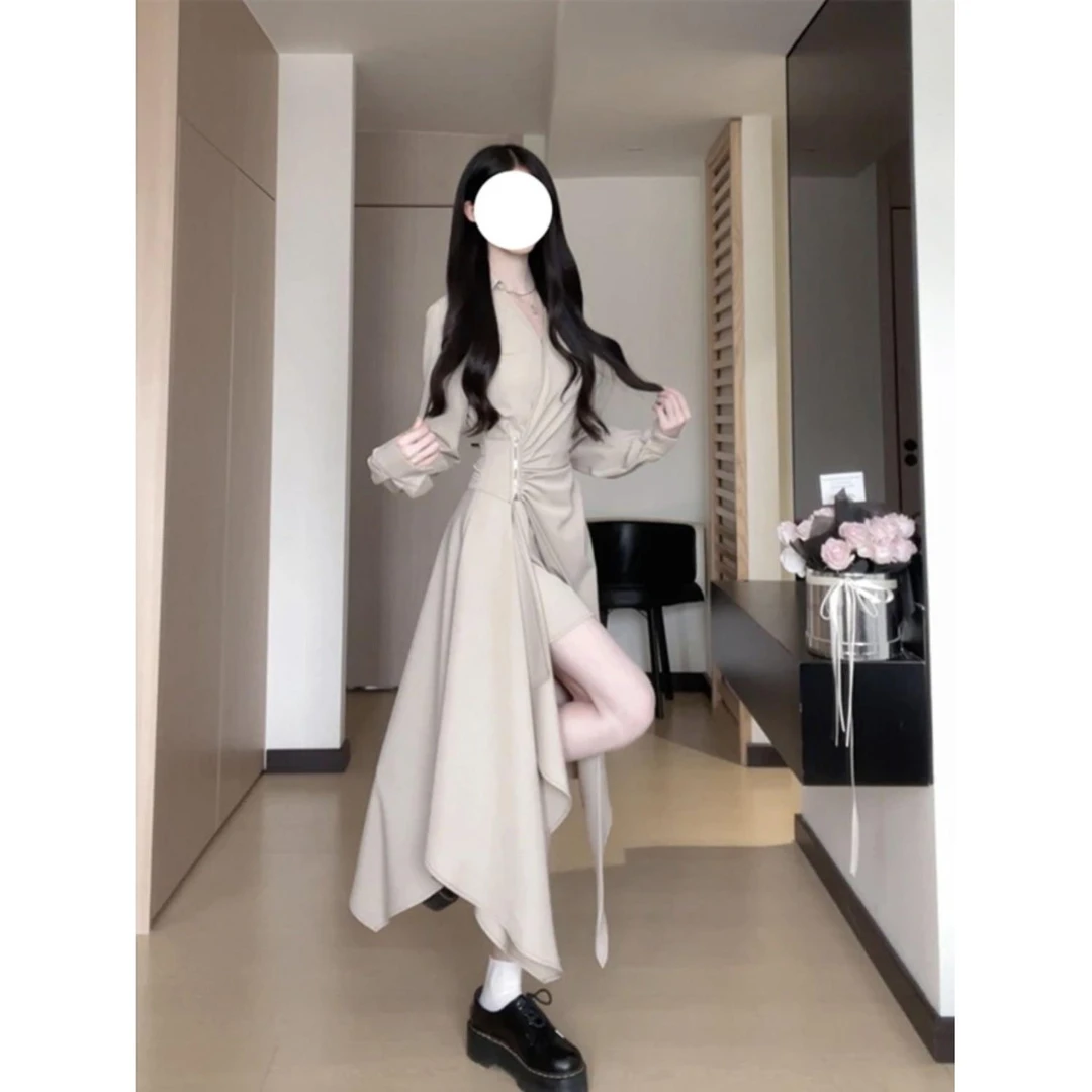 法式气质拉链不规则开叉裙摆黑色连衣裙女秋季新款高级感优雅长裙