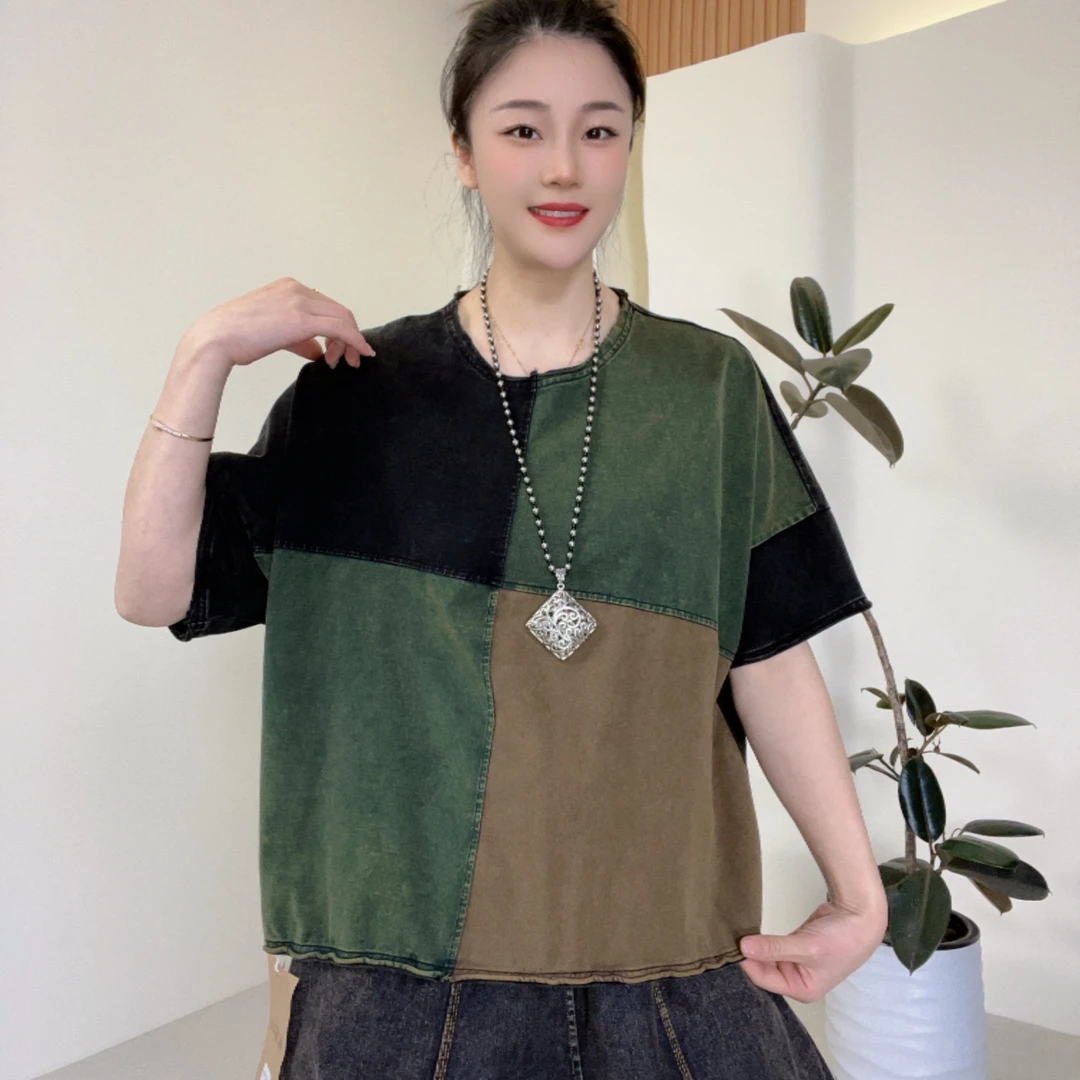 春季新款文艺复古休闲风民族风时尚上衣潮流宽松撞色休闲短袖