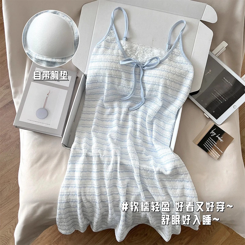 小清新条纹吊带睡裙女夏季棉质2025新款纯欲带胸垫一体睡衣家居服