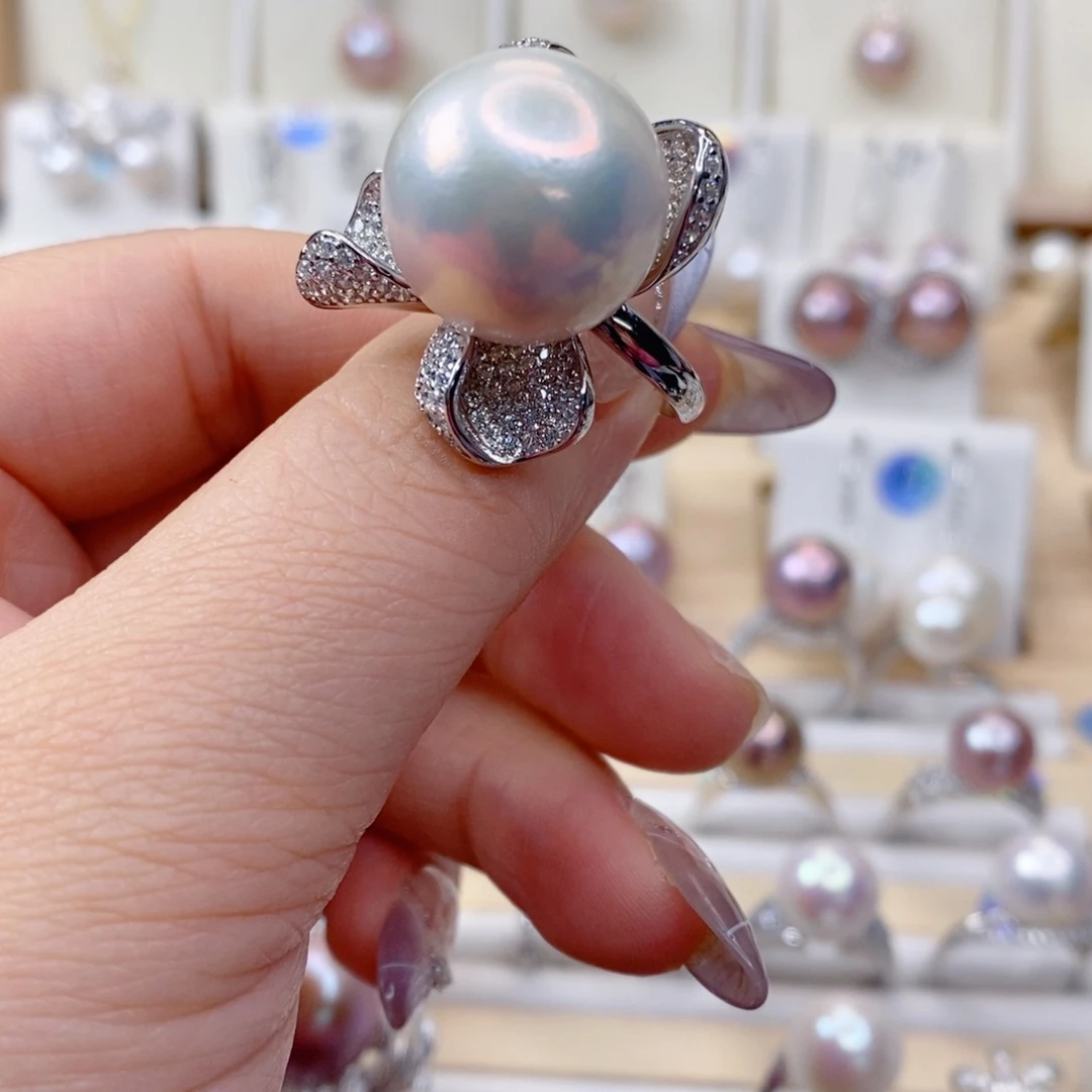 淡水珍珠戒指银S925镶嵌咖**滑