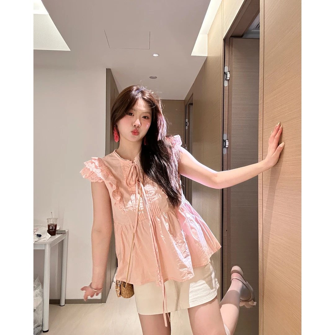 【Yez1】"甜妹日记“上衣微胖宽松显瘦甜美奶油夏季小飞袖设计感