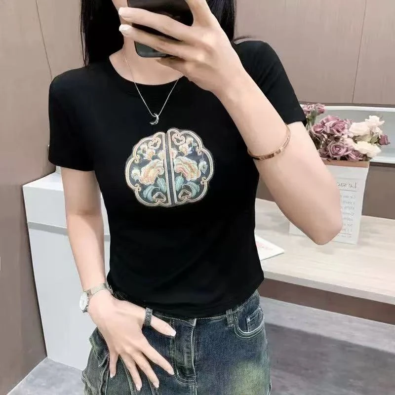 F2406新中式短袖抗皱修身印花打底衫T恤圆领刺绣短款时尚半袖