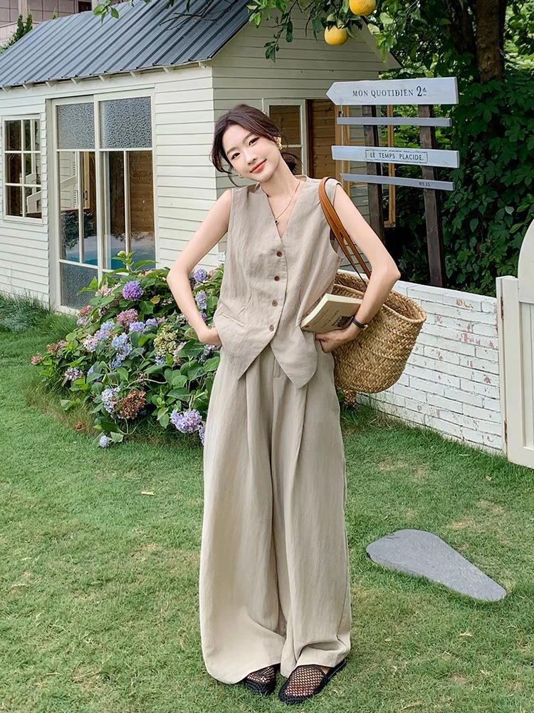 （薇安）老钱风气质慵懒松弛夏季2025无袖上衣阔腿裤两件套TZ6122#