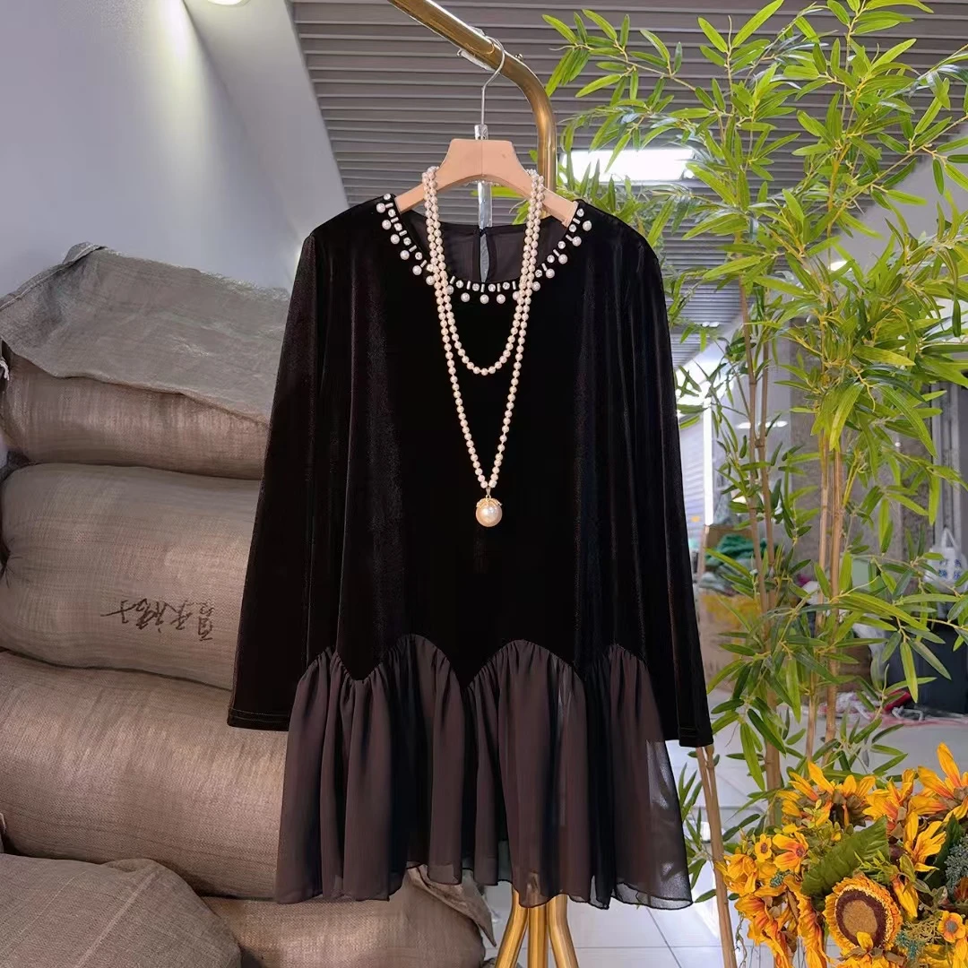 欧货气质钉珠丝绒拼接连衣裙微胖大码遮肉显瘦秋季长袖爆款1902
