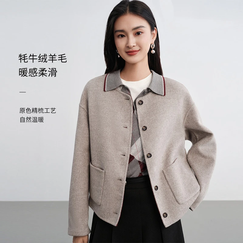 【双面可穿】EP雅莹 质感绵羊毛圆领落肩长袖双面呢短外套1508A