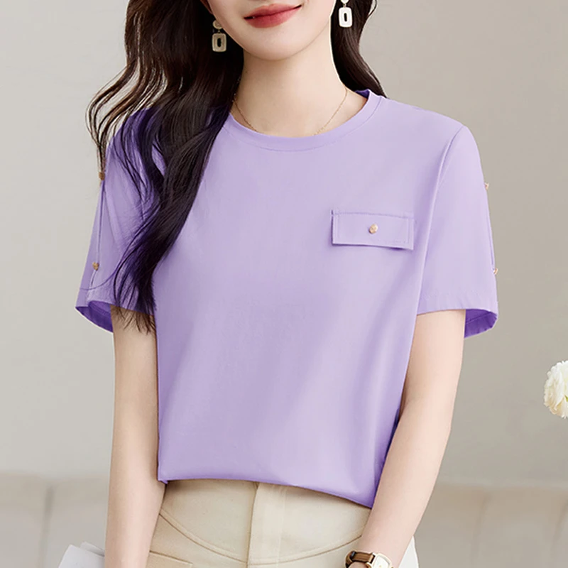 【百搭老钱风】圆领短袖t恤女夏季2025新款洋气妈妈简约高级感上衣
