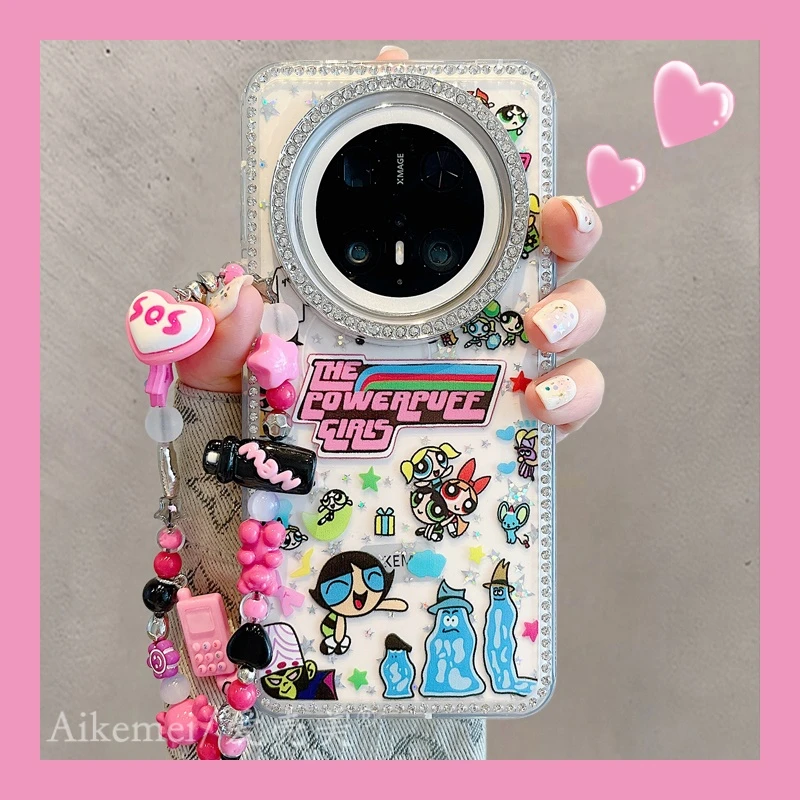 适用华为mate70pro+手机壳水钻镜框mate60pro+彩色星星飞天小女警