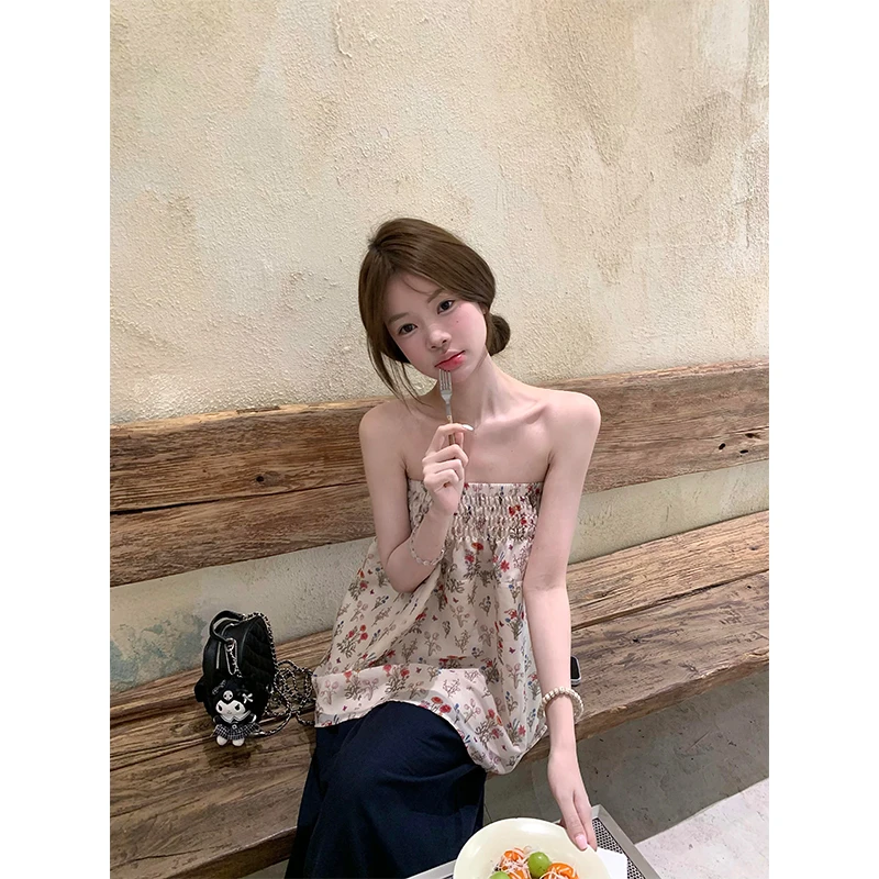 法式碎花美背无袖抹胸背心外穿百搭上衣黑色半身裙垂感爆款长裙女