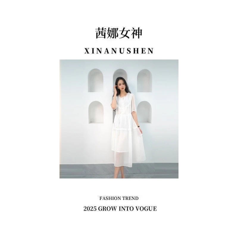 《茜娜女神》2355夏季法式气质系扣中腰时尚连衣裙宽松中长款收腰