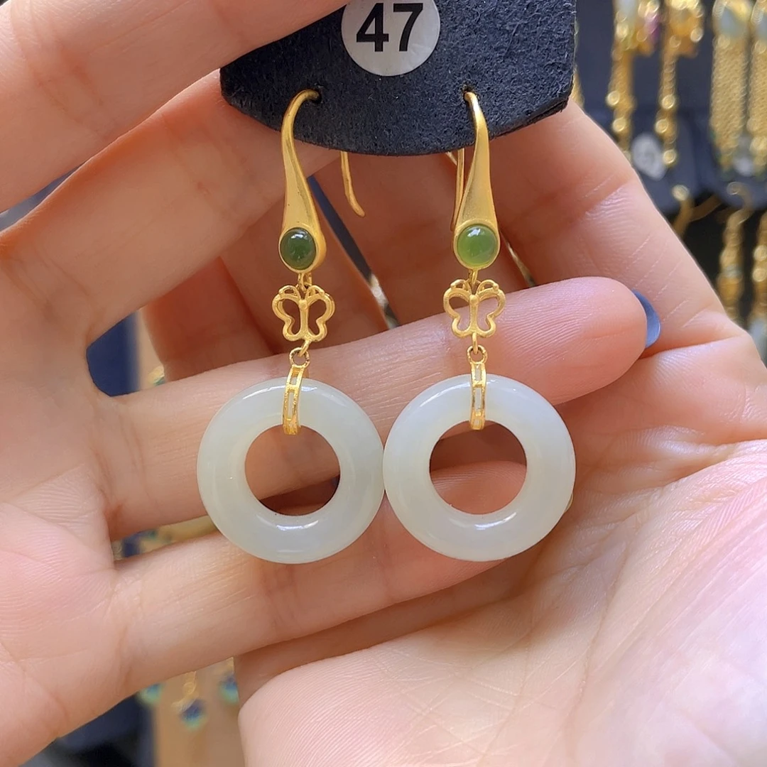 和田玉银S925镀金镶嵌耳饰