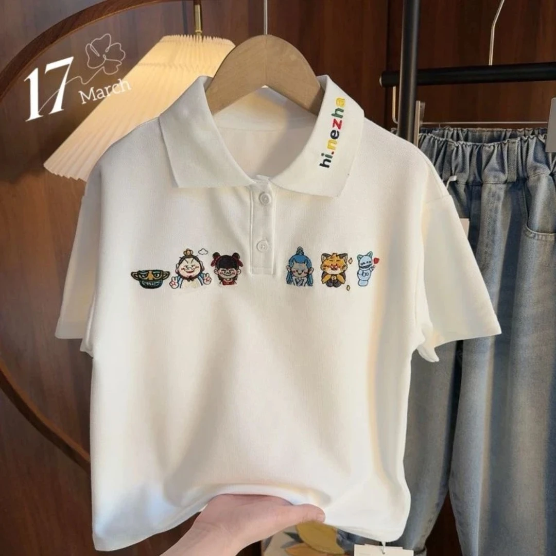【高定珠地棉重工刺绣哪吒】2025新款男女童夏季polo衫中大童韩版