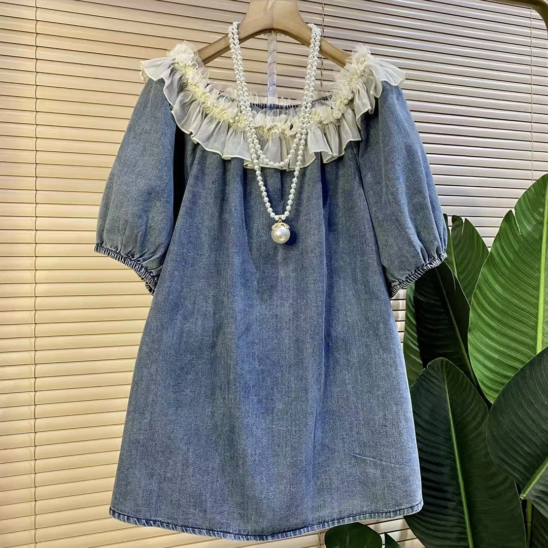 X欧货时尚新款减龄花边拼接水洗牛仔女人衫