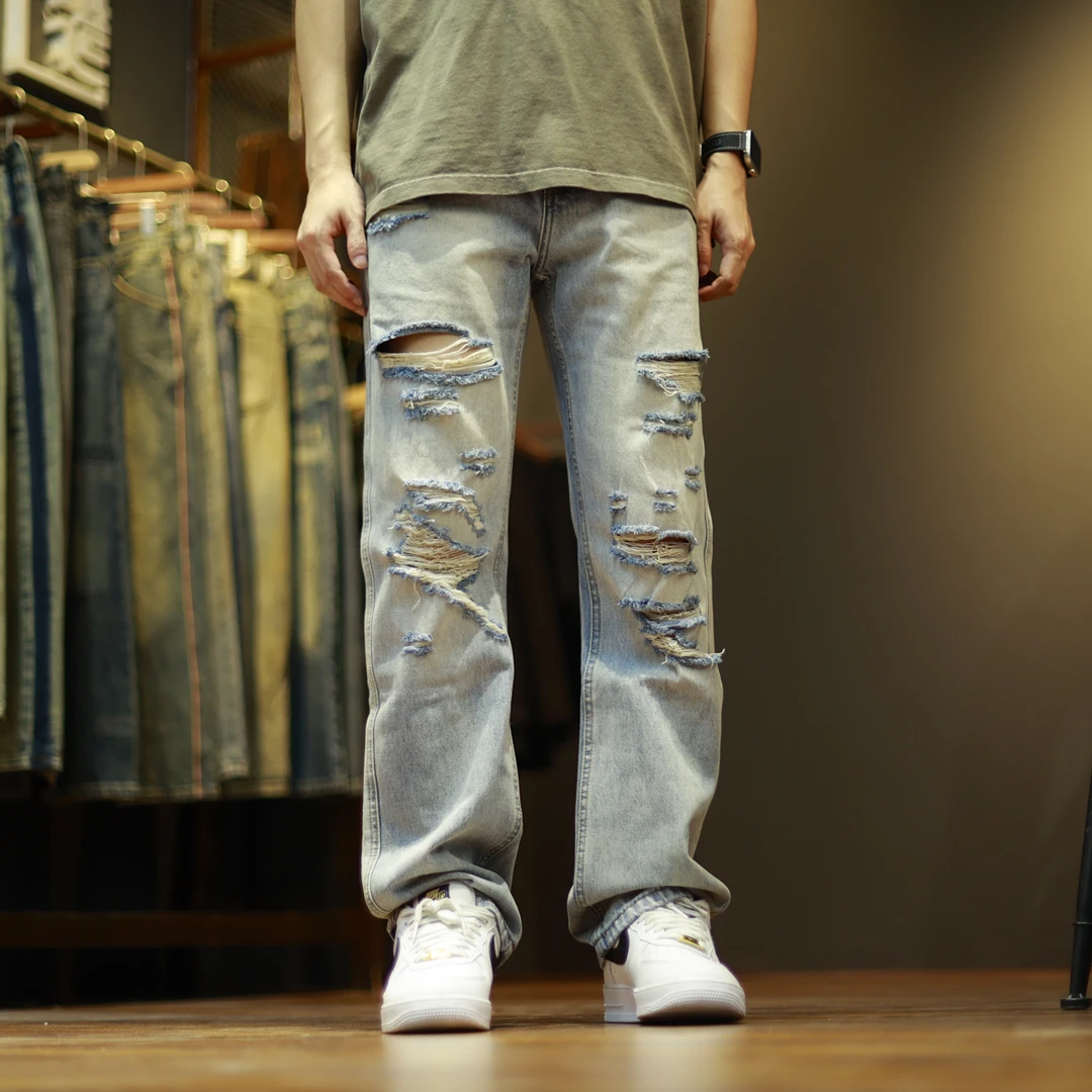 8802微喇宽松水洗破洞男士复古潮流个性夏季微喇牛仔裤
