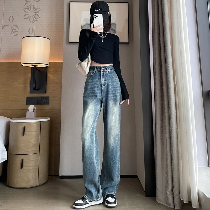 通勤风阔腿裤设计感韩版破洞牛仔裤薄款高腰显瘦直筒裤宽松拖地裤
